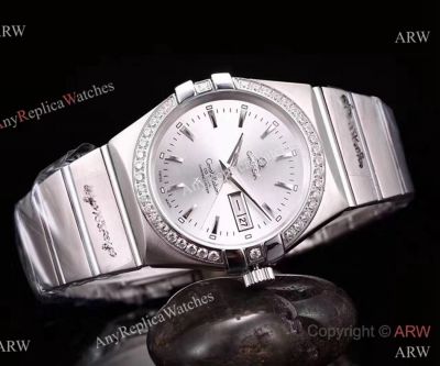 AAA Grade Fake Omega Constellation day-date Swiss 8500 Watch SS Diamond Bezel
